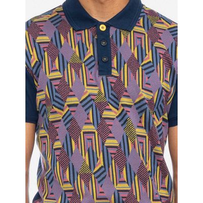 Foto van ATO Berlin | Polo Enzio, blauw, paars, roze grafisch retro patroon, biokatoen