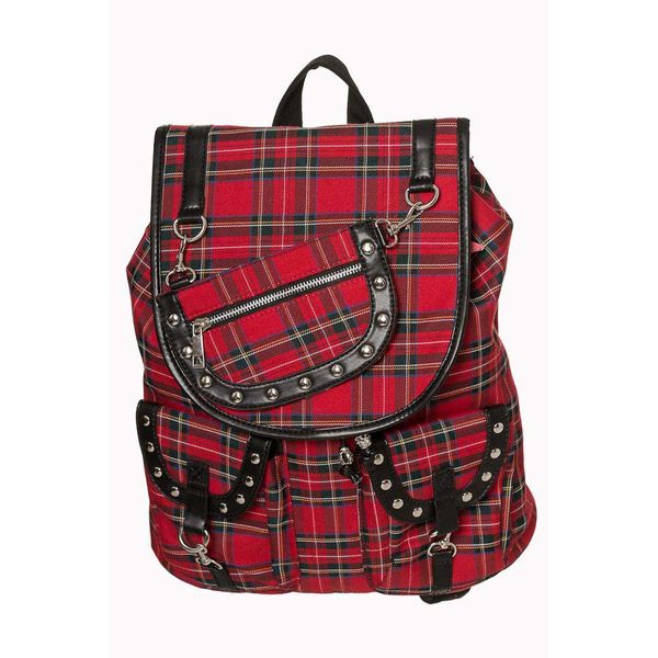 Banned | Rugtas Yamy, rode tartan met zwarte pvc en studs