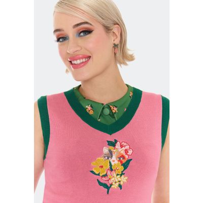 Foto van Voodoo Vixen | Roze jaren '60 retro spencer met kat in bloem borduursel