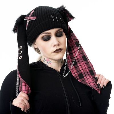 Foto van Cup Cake Cult | Punk muts Rini met roze tartan konijnen oren en ketting