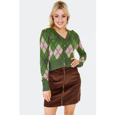 Voodoo Vixen | Groene roze gebreide cardigan met V-hals en Argyle ruit patroon