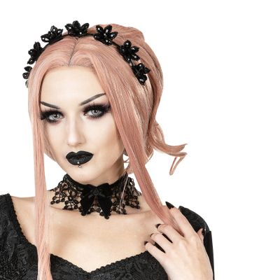 Foto van Sinister | Gothic choker Acantha, open zwart kant met fluweel strik en roosje