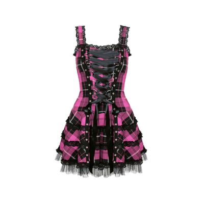Foto van Hell Bunny | Punkjurkje Harley van zwart roze tartan met corsetlint