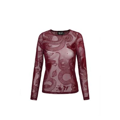 Foto van Hell Bunny | Gothic top Cobra Charmer van burgundy mesh met slangen flockprint
