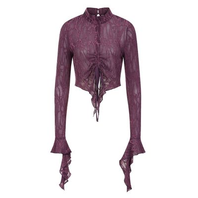 Foto van Banned | Gothic aubergine spinnenweb top, Abyssia met lange punten aan de mouw