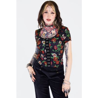 Foto van Jawbreaker | Top met Skull Flower print en haakjes met oogjes sluiting