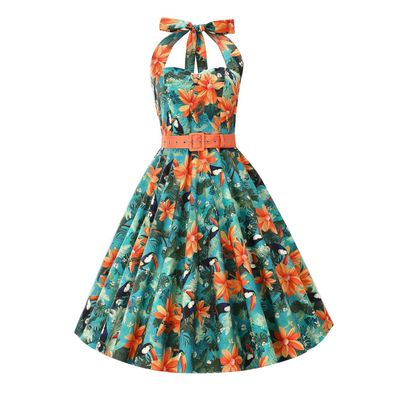 Foto van Dolly and Dotty | Daisy Tiki Toucan vintage halterswing jurk met tropische print