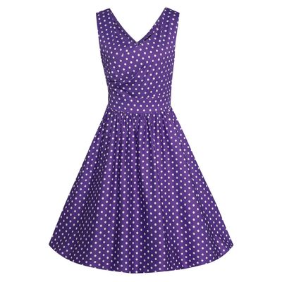 Foto van Dolly and Dotty | Vintage stijl jurk May, paars met kleine witte polkadots print