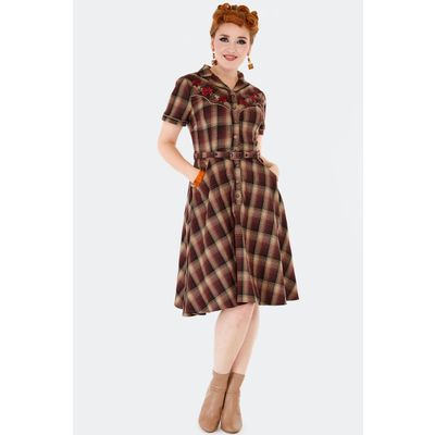 Foto van Voodoo Vixen | Bruin geruite Western jurk in jaren '70 Retro stijl met rozen borduursels