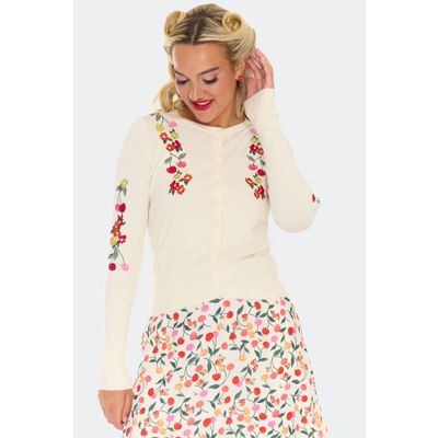 Foto van Voodoo Vixen | Vintage inspired cardigan, creme floral cherry borduursels