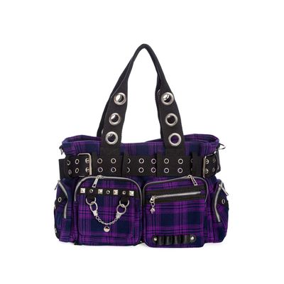 Foto van Banned | Handtas Camdyn van paarse tartan met Gothic & Punk details