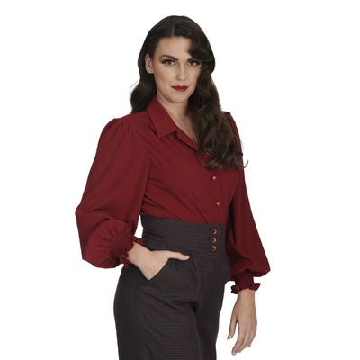 Foto van Banned | Bordeauxrode retro blouse Bonnie, met pof mouwen 