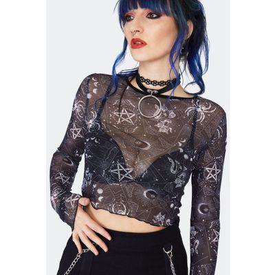 Foto van Jawbreaker | Zwart mesh top met lange mouwen en Tarot deck print