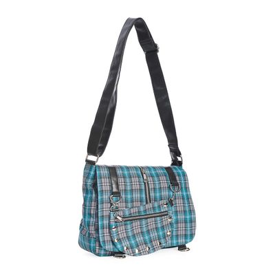 Foto van Banned | Schoudertas Twice the action, blauwe tartan met studs en rits details