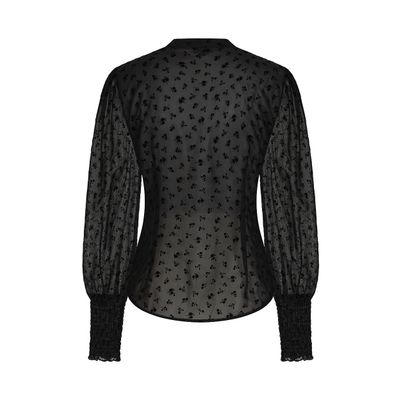 Foto van Banned | Zwarte vintage blouse Florance Floral, met pofmouwen, halsstrik en flockpint