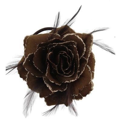 Zacharia | Bruine roos met glitter en veertjes op haarclip, broche en elastiek