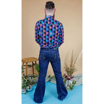 Foto van Run & Fly | Seventies bellbottom jeans indigo denim met oranje stiksels