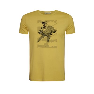 Green Bomb | T-shirt Animal sloth flying, oker geel bio katoen