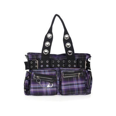 Foto van Banned | Handtas Camdyn van paarse tartan met Gothic & Punk details