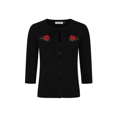 Foto van Banned | Cardigan Mia, zwart met een borduursel van rode rozen