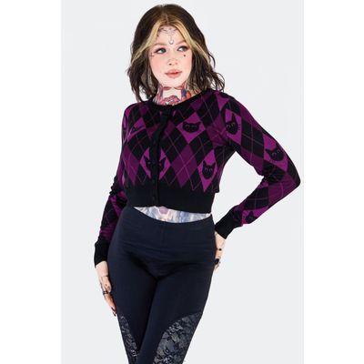 Foto van Jawbreaker | Cardigan Argyle Cat met paarse ruit en kattensnoetjes