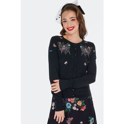 Voodoo Vixen | Zwarte cardigan met web en gekleurde motvlinder borduursels