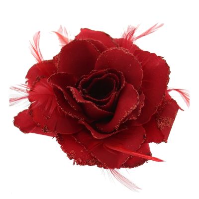 Zacharia | Rode roos met glitter en veertjes op haarclip broche en elastiek