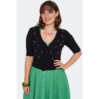 Voodoo Vixen | Zwarte cardigan met 3/4 mouw, Rainbow Cherry borduursels
