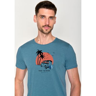 Foto van Green Bomb | T-shirt Nature car surf, steen blauw bio katoen