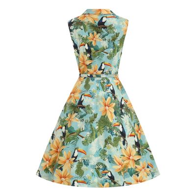 Foto van Dolly and Dotty | Vintage stijl jurk, Poppy lichtblauw tropical tiki print