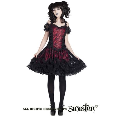 Foto van Sinister | Gothic Lolita mini-jurk Kiki, zwart bordeaux satijn met kant en strikjes