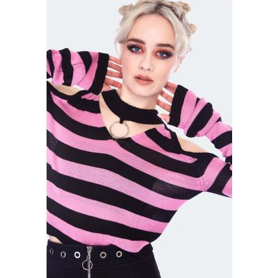 Foto van Voodoo Vixen | Dusty pink stripe cold shoulder jumper
