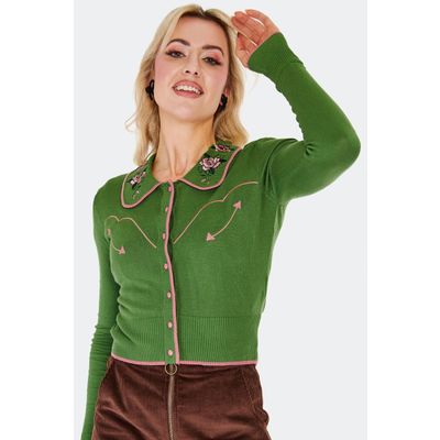 Voodoo Vixen | Groene cardigan Western stijl met roze rozen borduursel op de kraag
