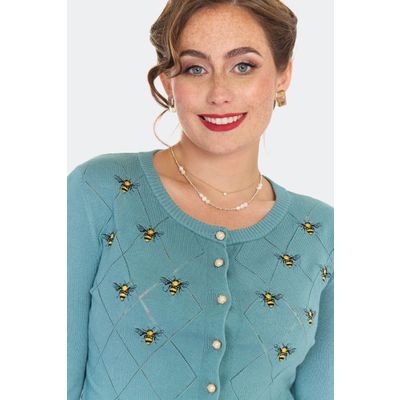 Foto van Voodoo Vixen | Blauwe vintage inspired cardigan met ruitpatroon en geborduurde bijen