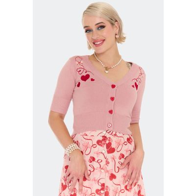 Foto van Voodoo Vixen | Roze Retro cardigan met rode harten en lintjes borduursel en hartjes-knopen