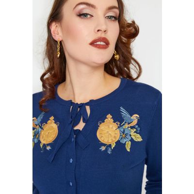 Foto van Voodoo Vixen | Blauwe cardigan met klok en vogel borduursels