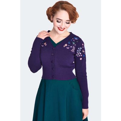 Voodoo Vixen | Paarse cardigan met bloemen en vlinder borduursels