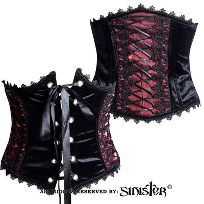 Foto van Sinister | Corset-riem Victoria, zwart rood fluweel met kant, satijn en lintdetails