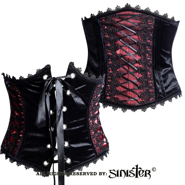 Sinister | Corset-riem Victoria, zwart rood fluweel met kant, satijn en lintdetails