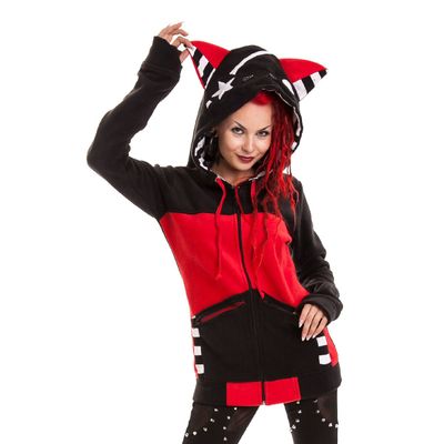 Bye Bye Kitty | Hoody met rits Star Kitty, rood met zwart witte katten oren