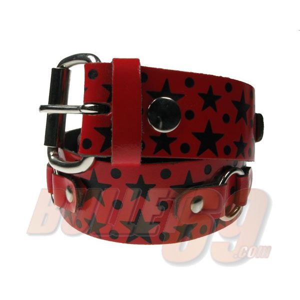 Bullet69 | Leren riem 38mm met rood met sterren print en ringen