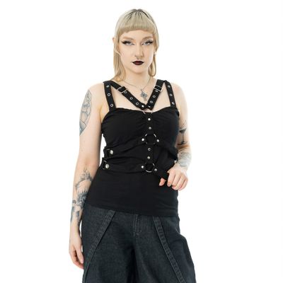 Foto van Poizen Industries | Punk top, Amaranth met oogjes, gespen en ringdetails