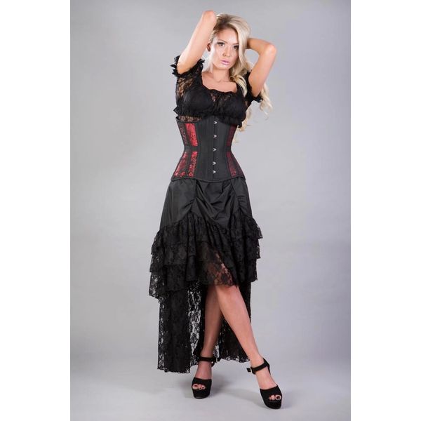 Burleska | Morgana underburst corset, metalen baleinen, rode brocade en zwart taffeta