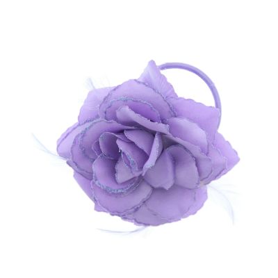 Zacharia | Zacht lila roos met glitter en veertjes op haarclip, broche en elastiek