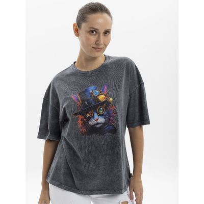 Foto van S-Ponder | Dames loose-fit T-shirt Steampunk cat, stonewash