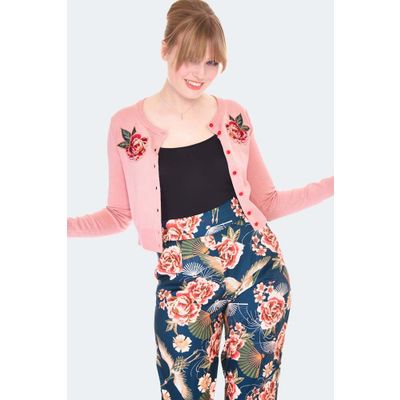 Foto van Voodoo Vixen | Roze cardigan Cynthia met Retro rozen borduursel