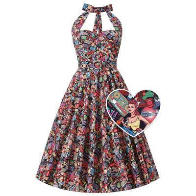 Foto van Dolly and Dotty | Daisy Pop Art retro halterswing jurk met kleurrijke comic print