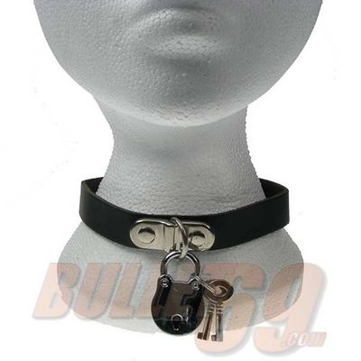 Leren halsband, 18mm - zwart met nikkel D-ring en padlock met sleutel