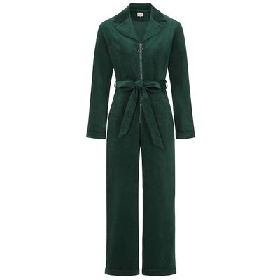 Foto van Banned | Groene ribcord jumpsuit met rits, kraag en lange mouwen