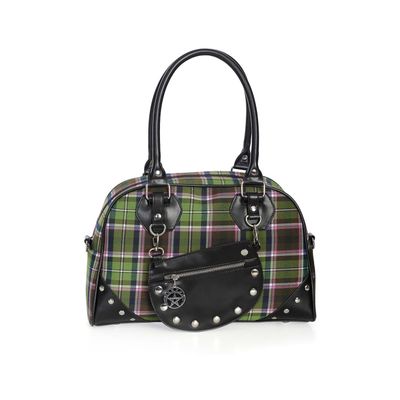 Foto van Banned | Gothic punk schoudertas groen roze tartan